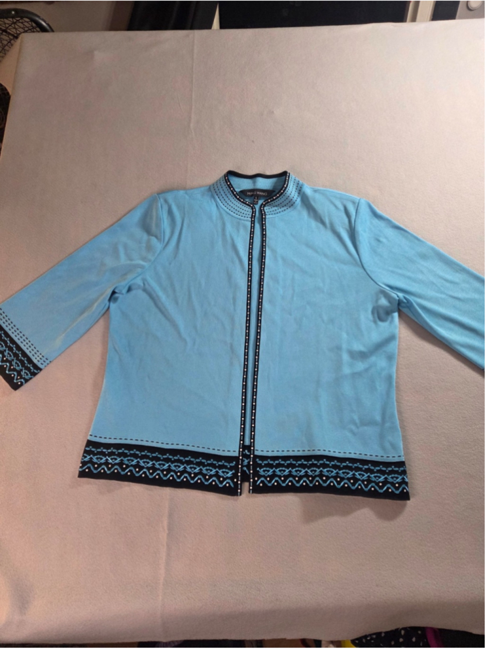 Ming Wang Textured Knit Open Front Cardigan - Light Blue w/ Black Dotted Trim,